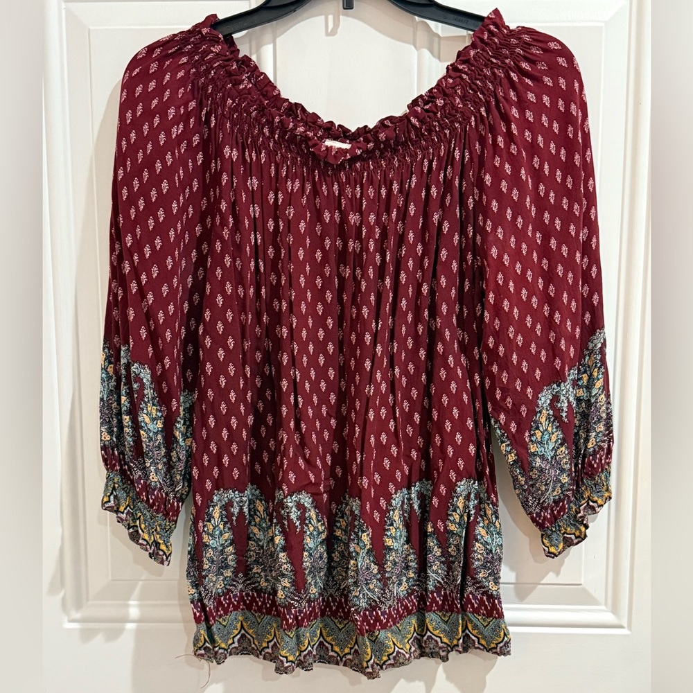 Grand Greene Womens Maroon Diamond Paisley Border Smocked Off Shoulder Blouse S